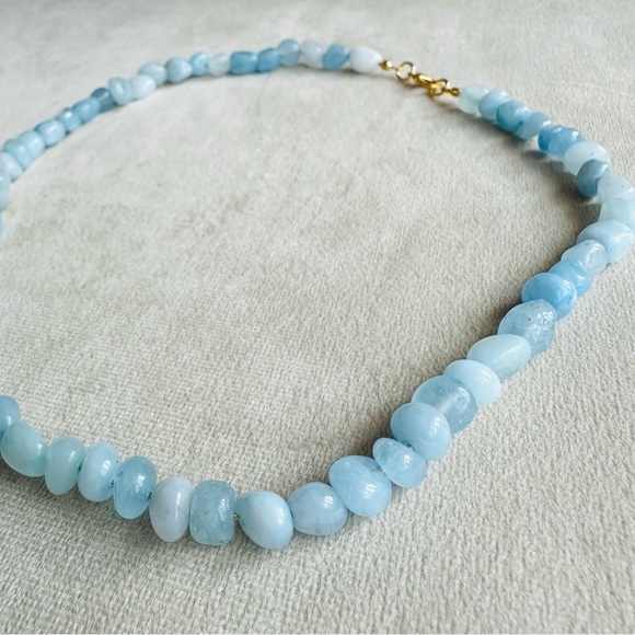 Aquamarine Beaded Necklace 14k Gold Plated Chain 18 Inch - Picture 8 of 17